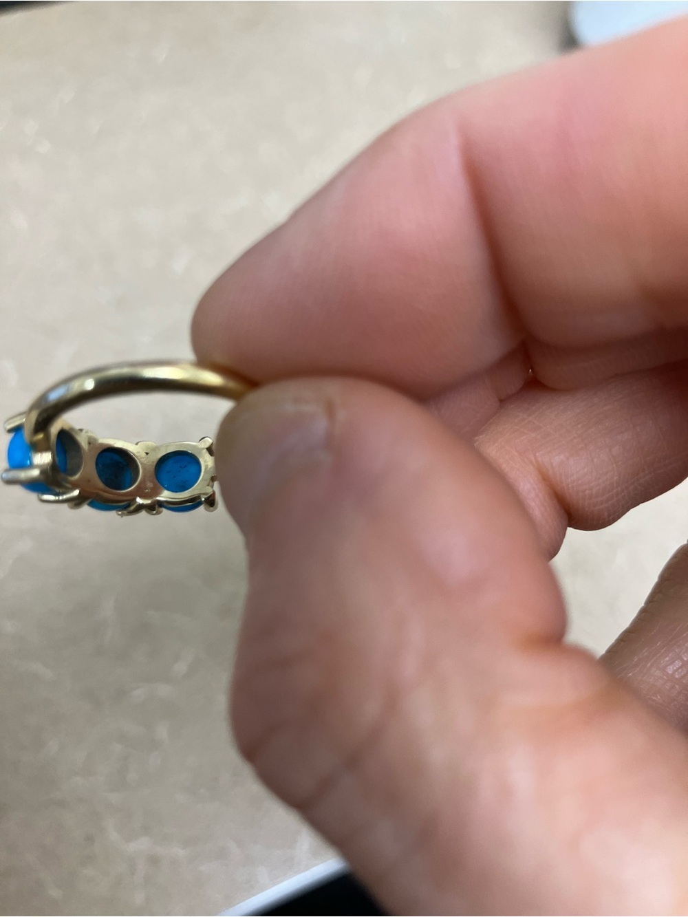 14k Gold Ring with Three Bright Sleeping Beauty Turquoise Stones - Picture 4 of 5